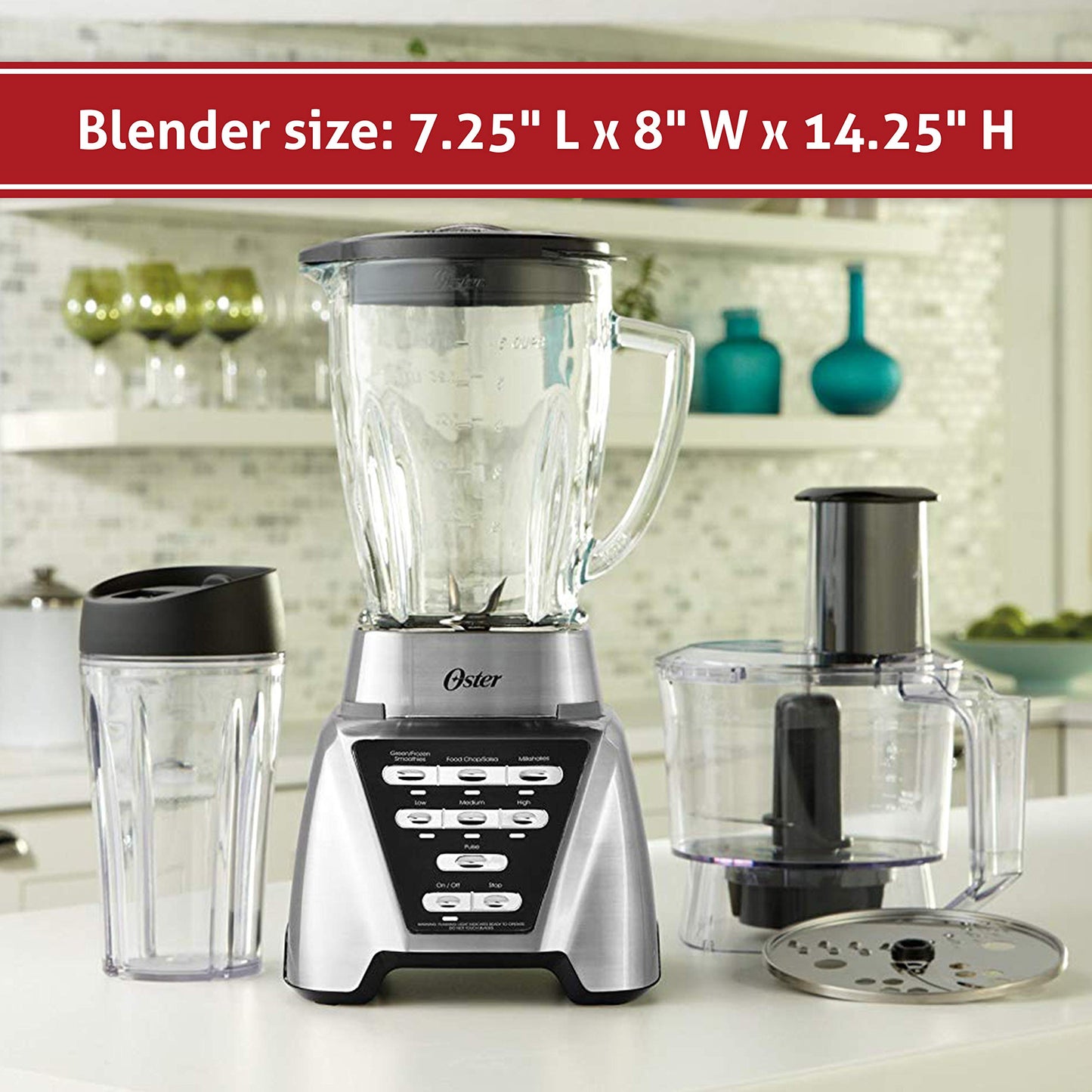 Oster Blender | Pro 1200 with Glass Jar, 24-Ounce Smoothie Cup and Food Processor Attachment, Brushed Nickel - BLSTMB-CBF-000
