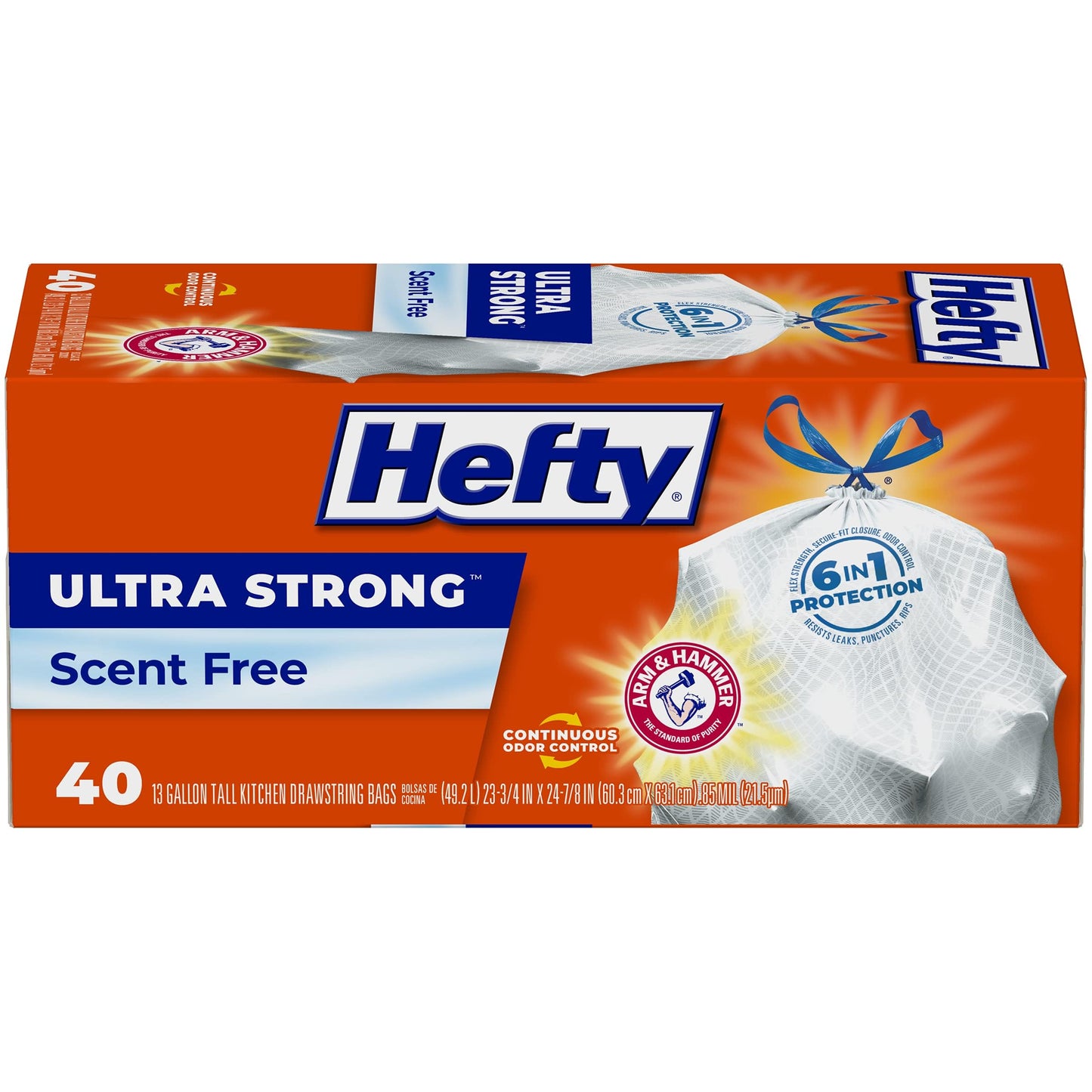 Hefty Ultra Strong 13 Gallon Trash Bags, Tall Kitchen Trash Bags 13 Gallon Size, Drawstring Closure, Continuous Odor Control, White, Unscented, 40 Bags
