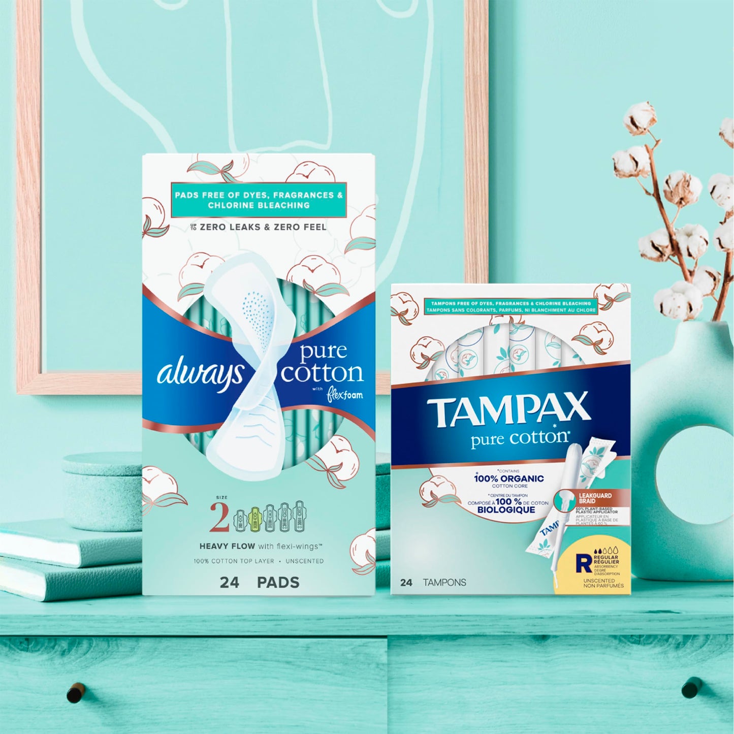 Tampax Pure Cotton Tampons, Contains 100% Organic Cotton Core, Regular/Super Absorbency, unscented, 22 Count x 3 Packs (66 Count Total)