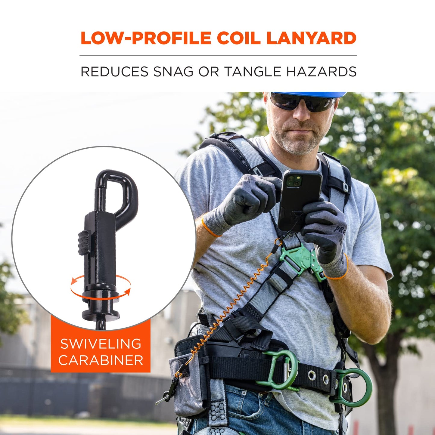 Ergodyne Squids 3151 Coiled Lanyard Tether with Swivel Hook, Detachable End, Self-Adhesive Mounts Included,Orange and Black