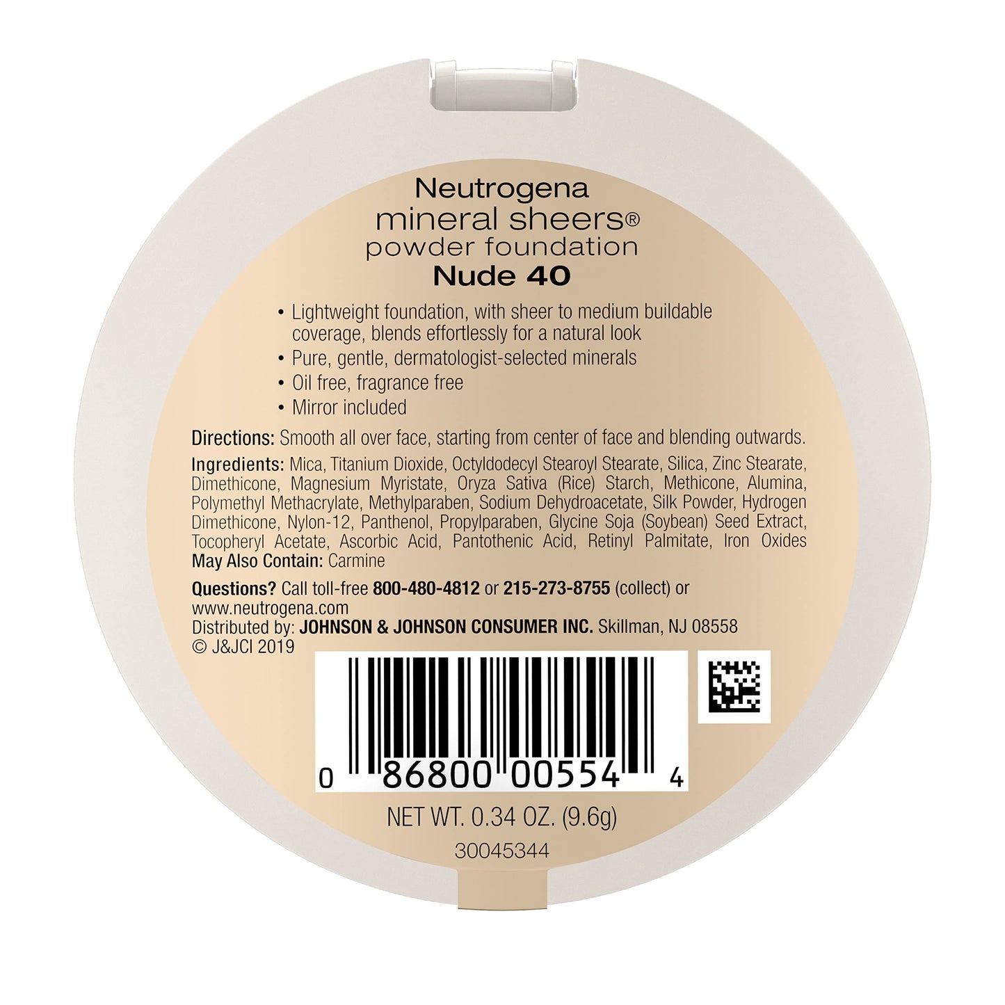 Neutrogena Mineral Sheers Compact Powder Foundation, Lightweight & Oil-Free Mineral Foundation, Fragrance-Free, Nude 40, .34 oz, 2 Pack