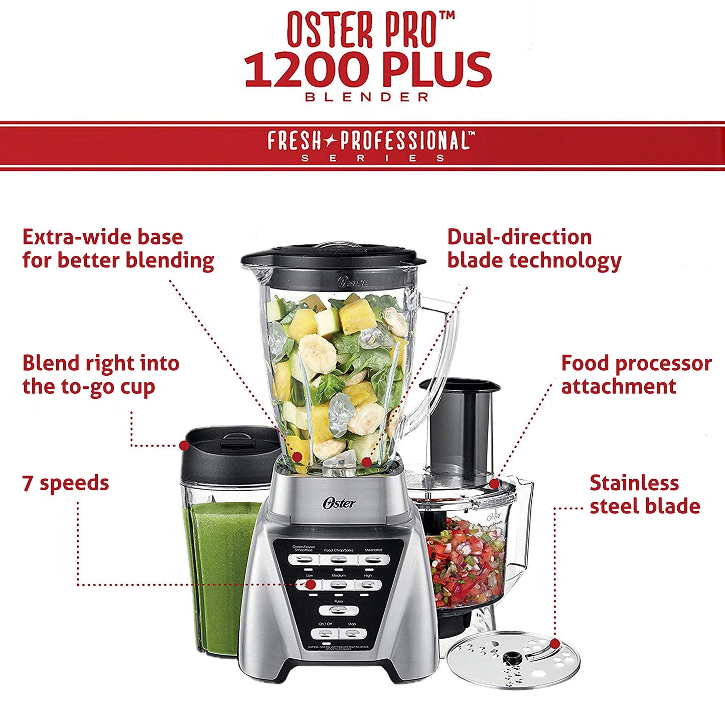 Oster Blender | Pro 1200 with Glass Jar, 24-Ounce Smoothie Cup and Food Processor Attachment, Brushed Nickel - BLSTMB-CBF-000