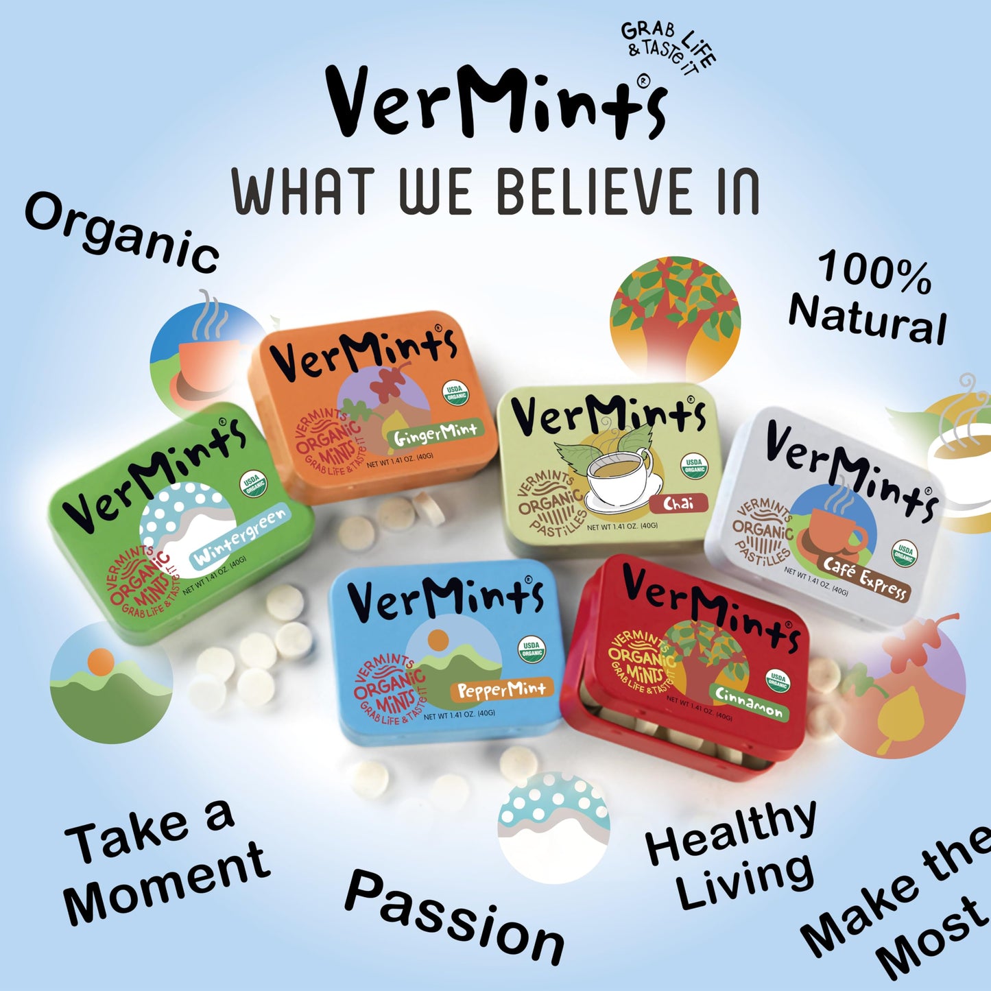 Organic Breath Mints by VerMints, PepperMint Flavor, All Natural, Non-GMO, Nut Free, Gluten Free, Vegan, KSA Kosher, Pack of 6, 1.41oz Tins