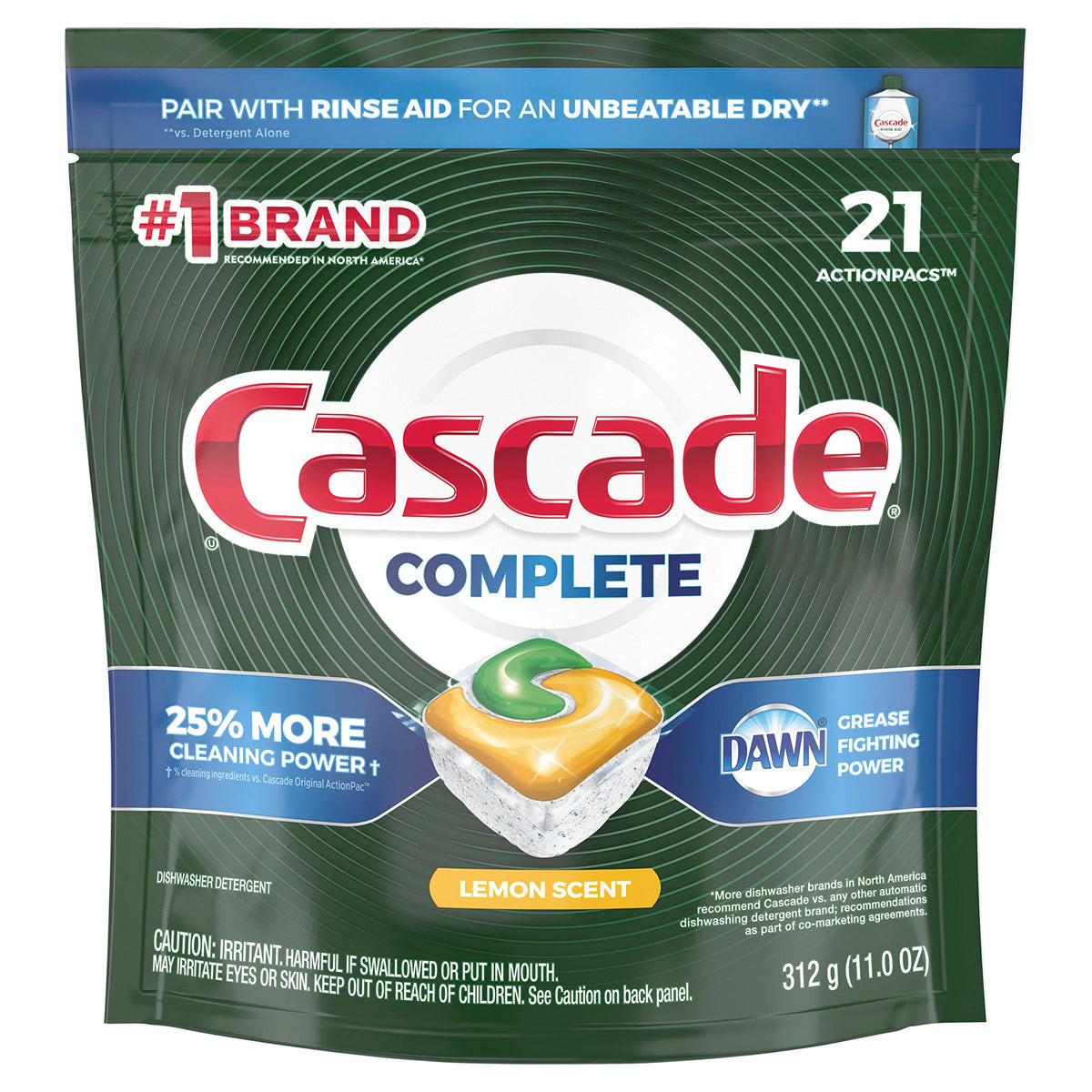 Cascade Complete ActionPacs, Dishwasher Detergent Pods, Lemon, 21 Count