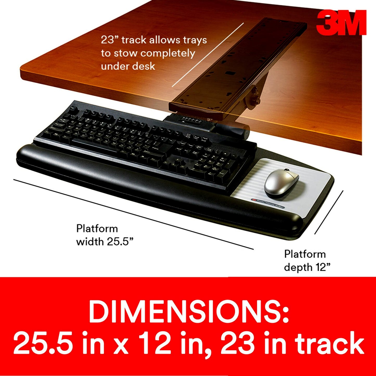 3M Keyboard Tray, Just Lift To Adjust Height And Tilt, Sturdy Tray Includes Gel Wrist Rest And Precise Mouse Pad, Swivels Side To Side And Stores Under Desk, 23" Track, Black (AKT90LE)