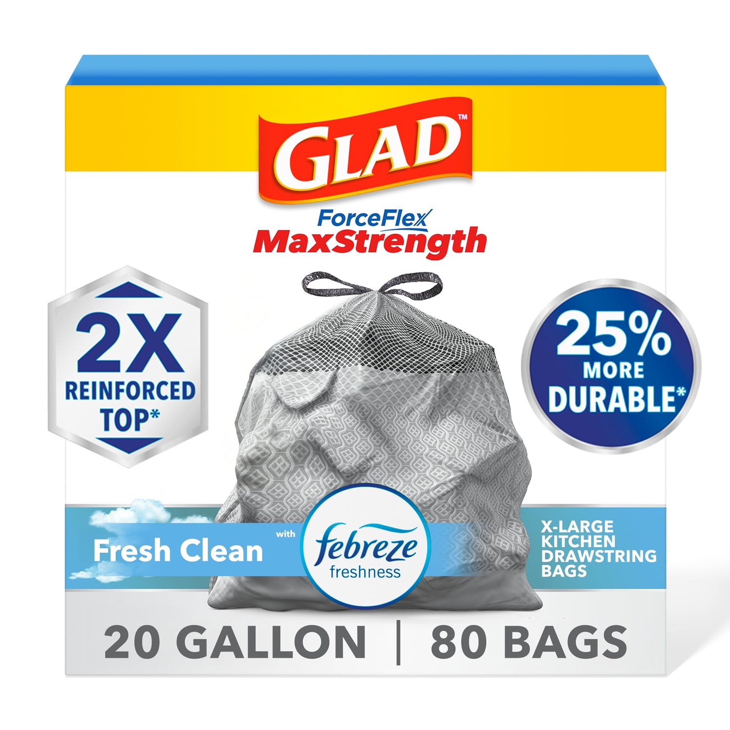 Glad ForceFlex MaxStrength Kitchen Trash Bags, 20 Gal, Fresh Clean Febreze, 80 Ct (Package May Vary)