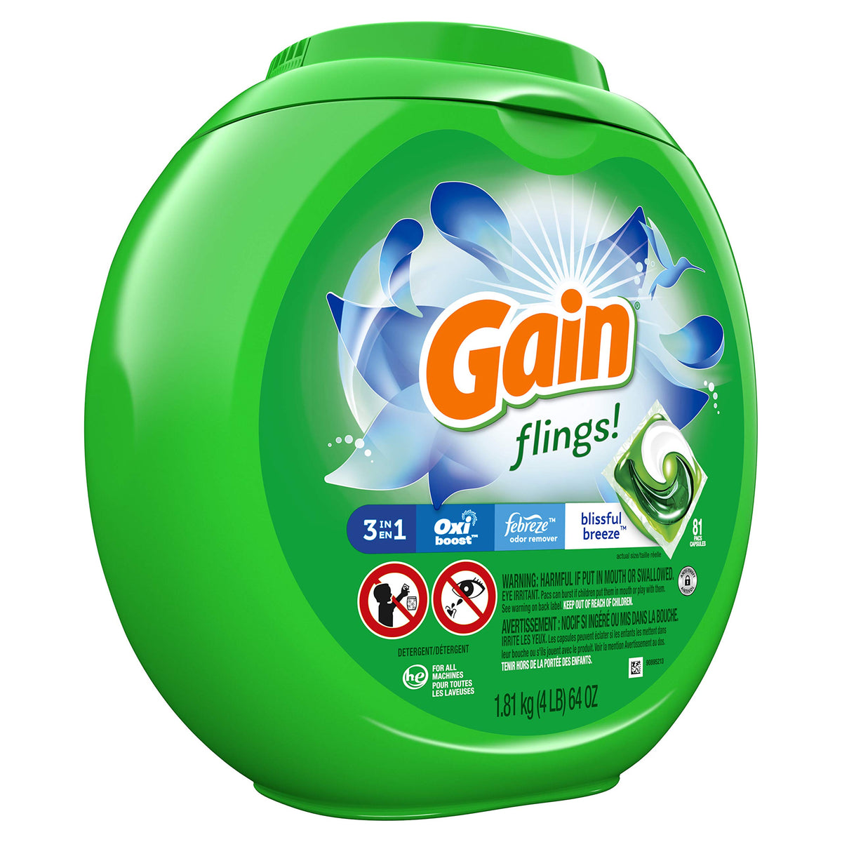 Gain Flings! Liquid Laundry Detergent Pacs, Blissful Breeze, 81 Count