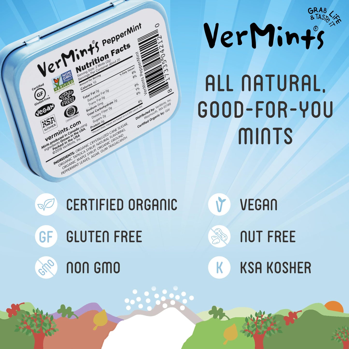 Organic Breath Mints by VerMints, PepperMint Flavor, All Natural, Non-GMO, Nut Free, Gluten Free, Vegan, KSA Kosher, Pack of 6, 1.41oz Tins
