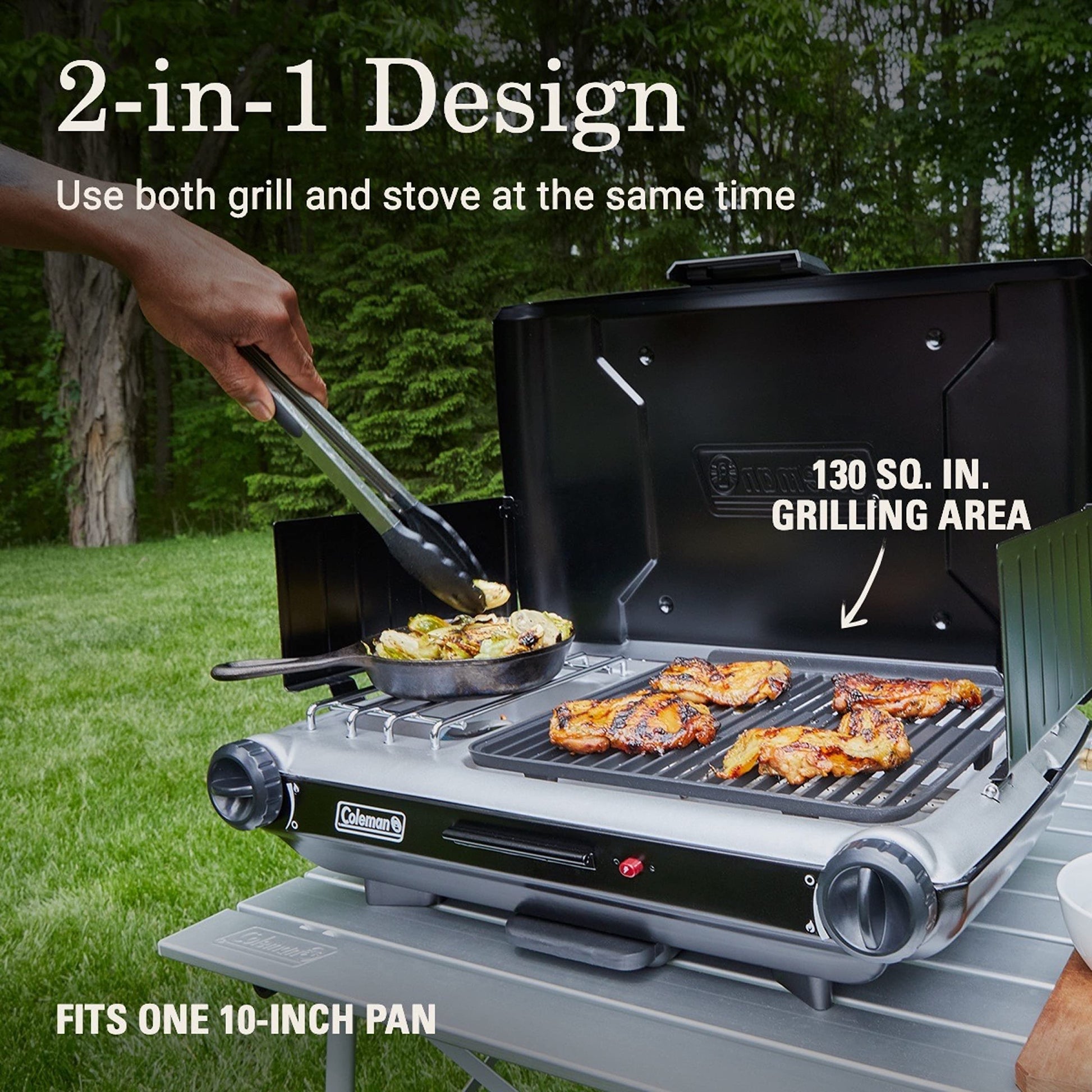 Coleman Tabletop 2-in-1 Grill & Stove with 2 Adjustable Burners, Propane Grill/Stove with Push-Button Starter, Wind Guards, Grease Tray, & 20,000 BTUs of Power for Camping, Tailgating, & More