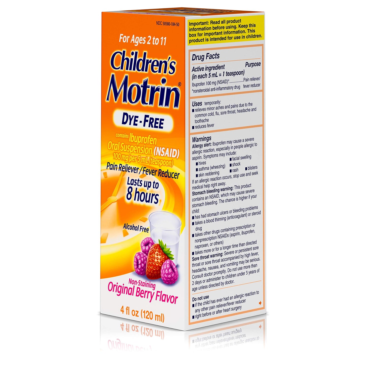 Motrin Children's Oral Suspension Dye-Free, Ibuprofen, Fever Reducer, Berry, 4 Fl.Oz