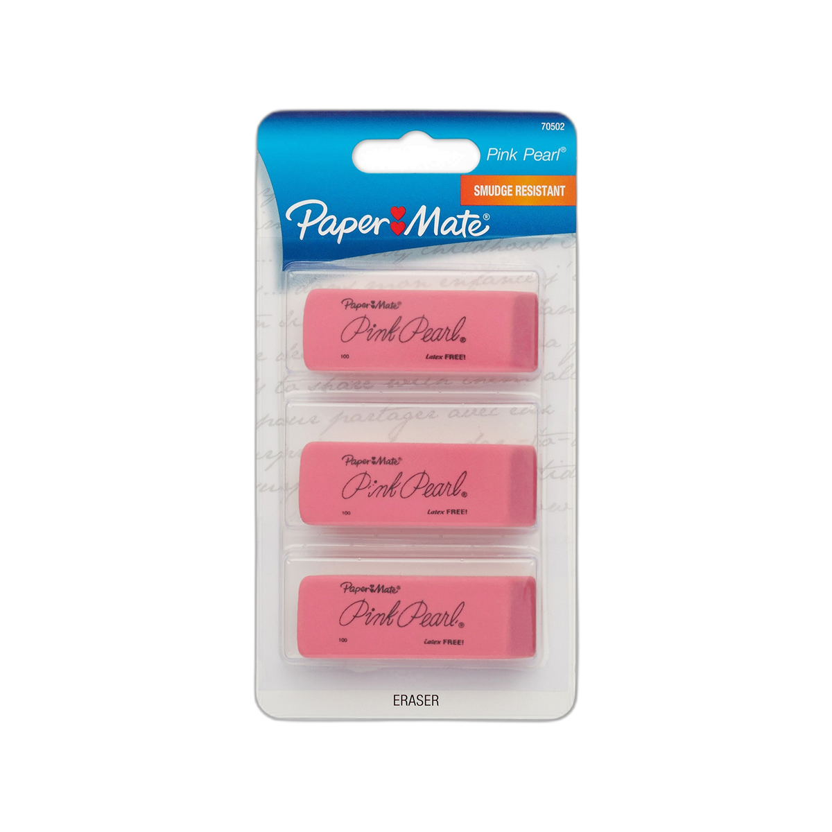 Paper Mate Pink Pearl Eraser, for Pencil Marks, Rectangular Block, Medium, Pink, 3/Pack