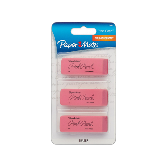 Paper Mate Pink Pearl Eraser, for Pencil Marks, Rectangular Block, Medium, Pink, 3/Pack