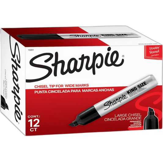 Sharpie King Size Permanent Marker Set, Chisel Tip, Thick Poster Markers, Heavy Duty For Work & Industrial Use, Black, 12 Count - High Capacity Ink Supply, For Paper, Metal, Plastic, And More