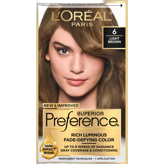 L'Oreal Paris Superior Preference Fade-Defying + Shine Permanent Hair Color, 6 Light Brown, Pack of 1, Hair Dye