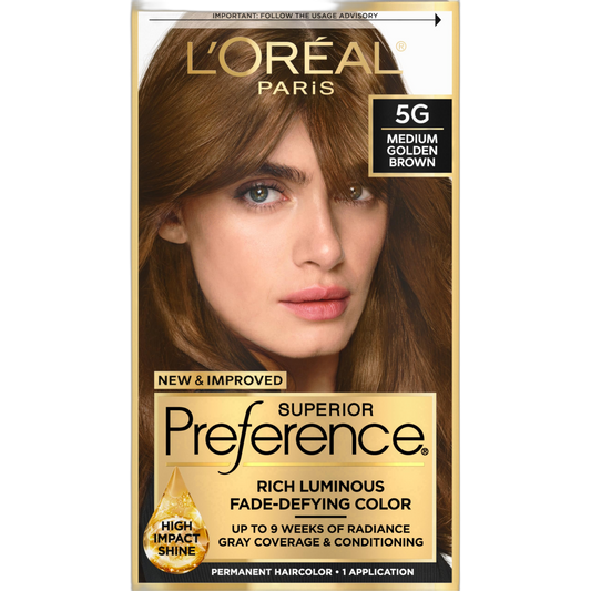 L'Oreal Paris Superior Preference Fade-Defying + Shine Permanent Hair Color, 5G Medium Golden Brown, Pack of 1, Hair Dye
