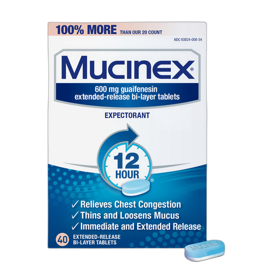 Mucinex 12 Hour Extended Release Tablets, 600 mg Guaifenesin Relieves Chest Congestion Caused by Excess Mucus, #1 Doctor Recommended OTC Expectorant, Blue, 40 Count