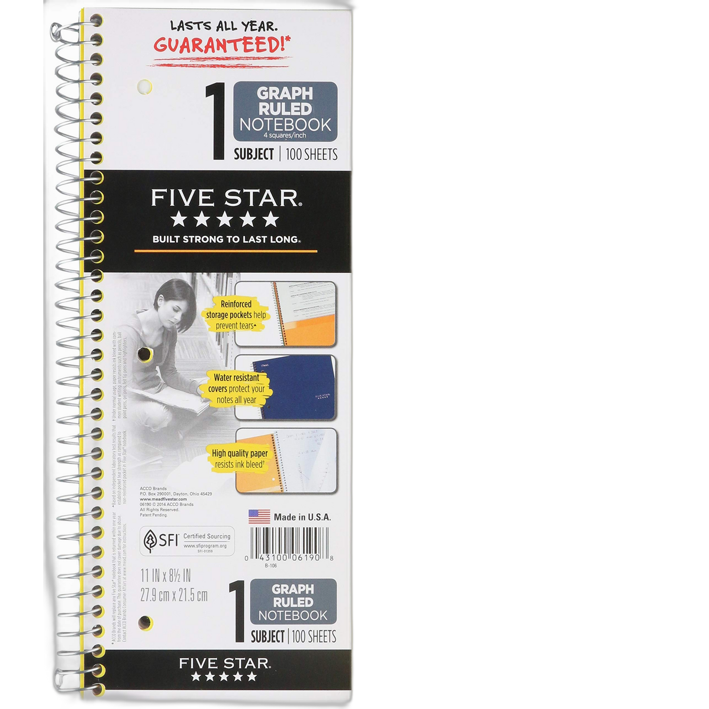 Five Star wirebound Notebook with 2 Pockets, 1-Subject, Quadrille Rule (4 sq/in), Randomly Assorted Cover Color, (100) 11 x 8.5 Sheets