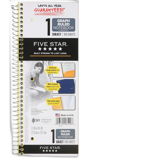 Five Star wirebound Notebook with 2 Pockets, 1-Subject, Quadrille Rule (4 sq/in), Randomly Assorted Cover Color, (100) 11 x 8.5 Sheets