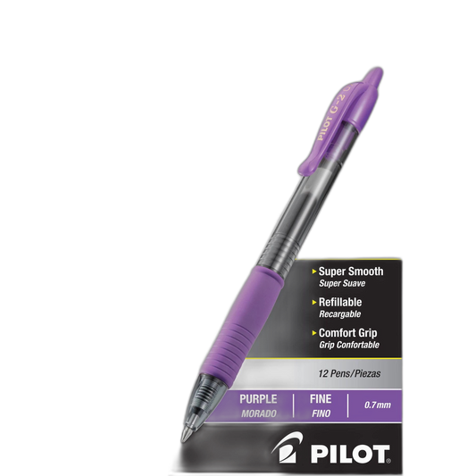 Pilot, G2 Premium Gel Roller Pens, Fine Point 0.7 mm, Purple, Pack of 12