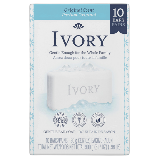 Ivory Gentle Bath Bar Soap, Family Pack, Designed for Whole Family, 99.44% Pure Formula, Plant-Based Cleansers, Made Without Heavy Perfumes, Parabens or Phthalates, Original Scent, 3.17 oz (10 Count)