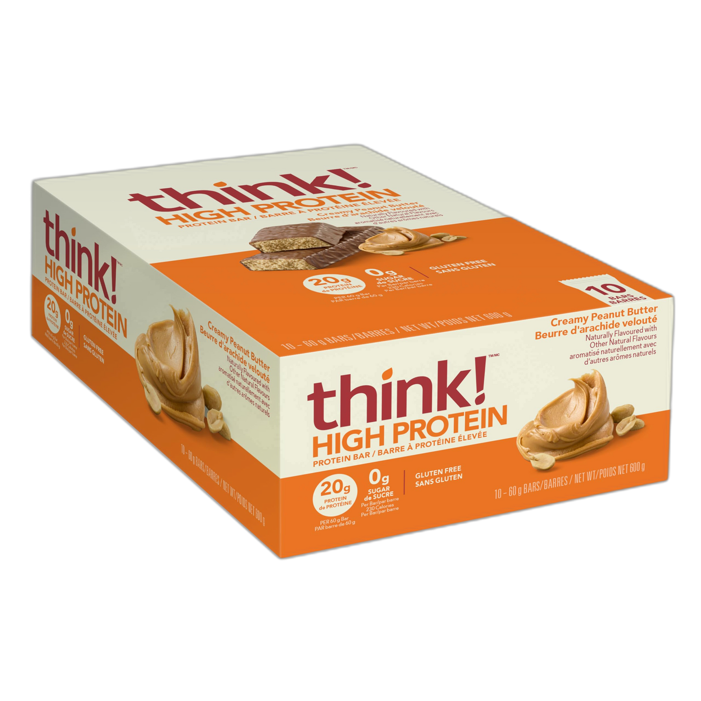 think! Protein Bars, High Protein Snacks, Gluten Free, Sugar Free Energy Bar with Whey Protein Isolate, Creamy Peanut Butter, Nutrition Bars without Artificial Sweeteners, 2.1 Oz (10 Count)
