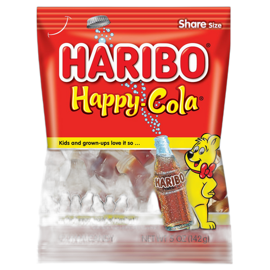 HARIBO Gummi Candy, Happy-Cola Gummy Candy Soda Bottles, 5 Ounce Share Size Bags (Pack of 12) Delicious Soft & Chewy Sweet Snacks, Classic Cola Flavor