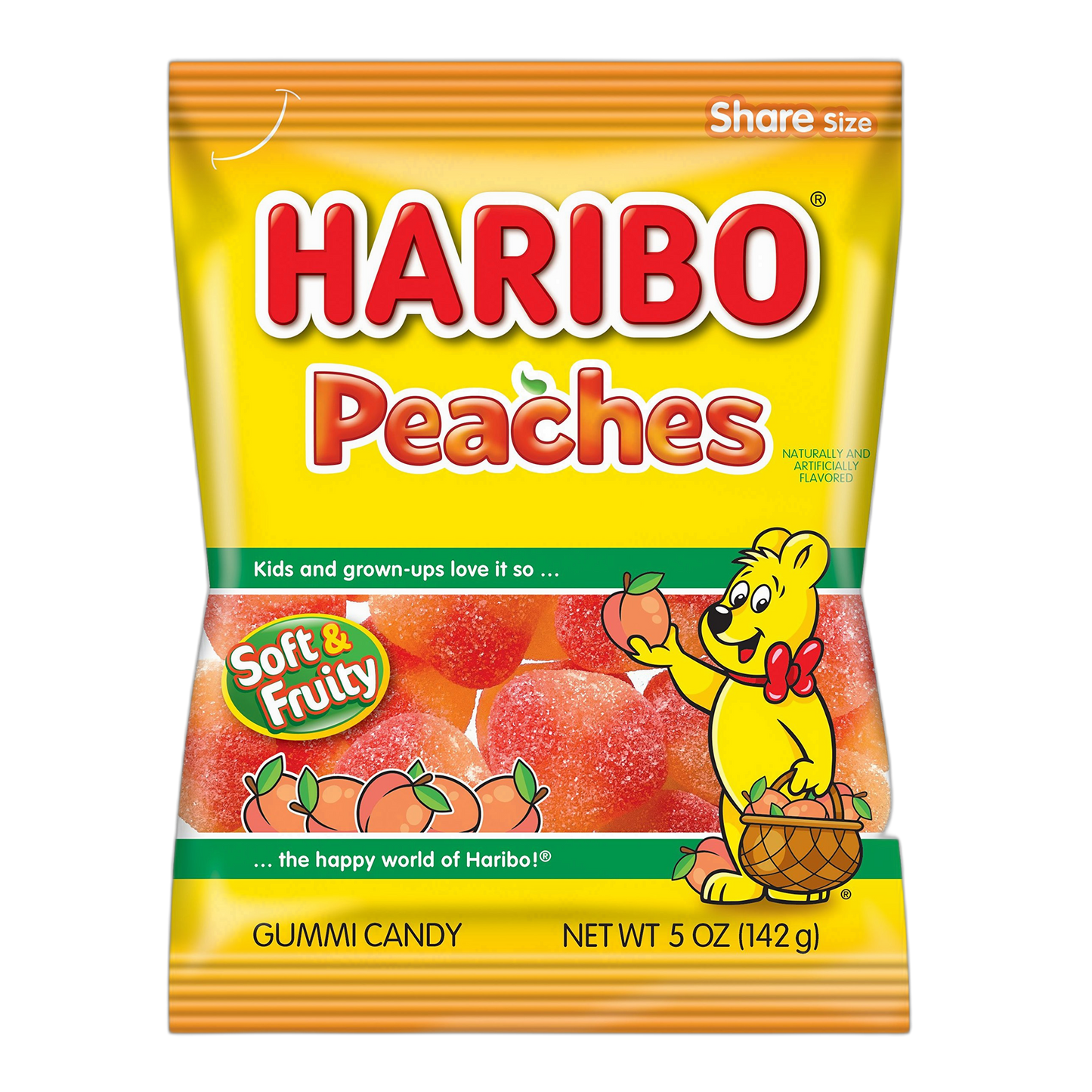 HARIBO Gummi Candy, Peaches Gummy Candy, 5 Ounce Share Size Bags (Pack of 12) Delicious Soft & Chewy Sweet Snacks, Fruity Peach Flavor