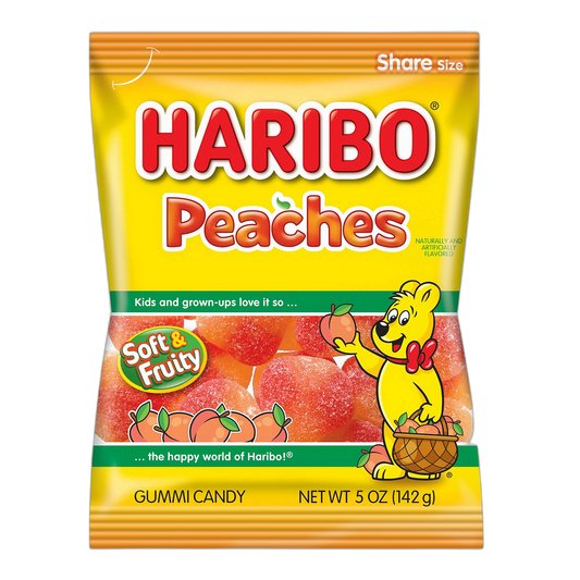 HARIBO Gummi Candy, Peaches Gummy Candy, 5 Ounce Share Size Bags (Pack of 12) Delicious Soft & Chewy Sweet Snacks, Fruity Peach Flavor