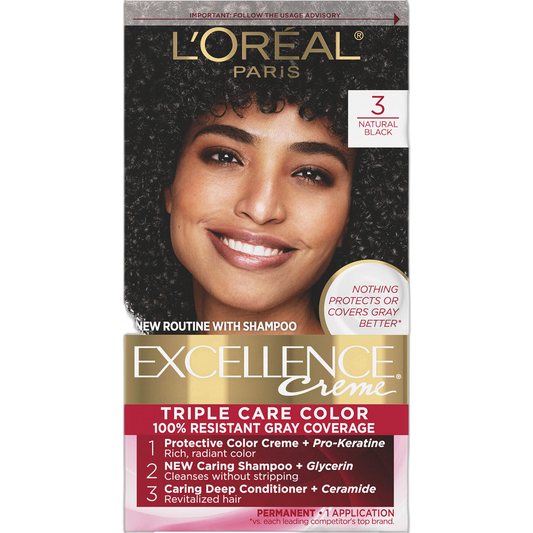 L'Oreal Paris Excellence Creme Permanent Triple Care Hair Color, 3 Natural Black, Gray Coverage For Up to 8 Weeks, All Hair Types, Pack of 1