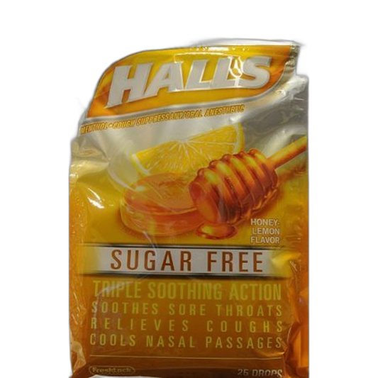 Halls Sugar Free Cough Drops with Honey-Lemon - 25 Drops Per Bag, 12 Bags Total