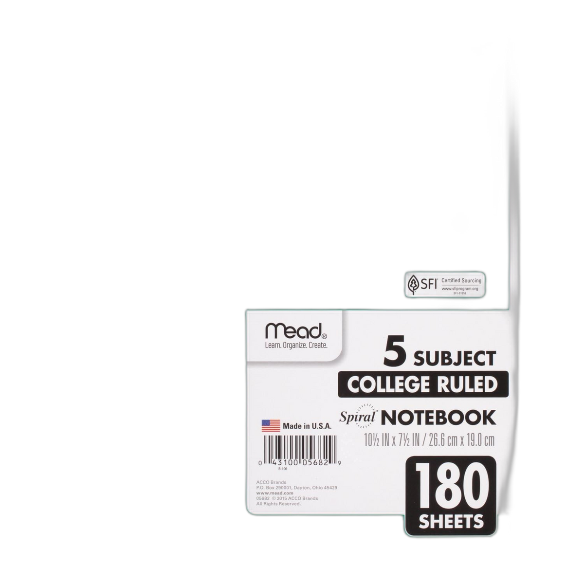 Mead Spiral Notebook, 5 Subject, College Ruled Paper, 180 Sheets, 10-1/2" x 8", Color Selected For You, 1 Count (05682)