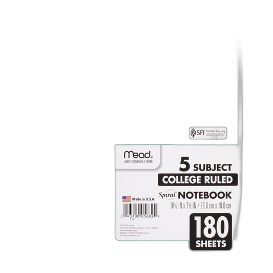 Mead Spiral Notebook, 5 Subject, College Ruled Paper, 180 Sheets, 10-1/2" x 8", Color Selected For You, 1 Count (05682)