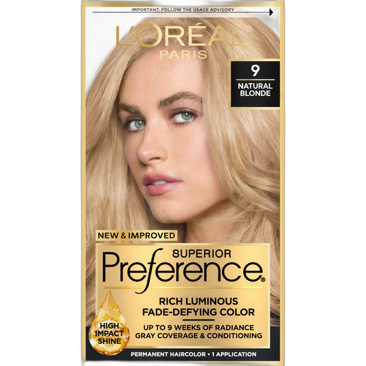L'Oreal Paris Superior Preference Fade-Defying + Shine Permanent Hair Color, 9 Natural Blonde, Pack of 1, Hair Dye