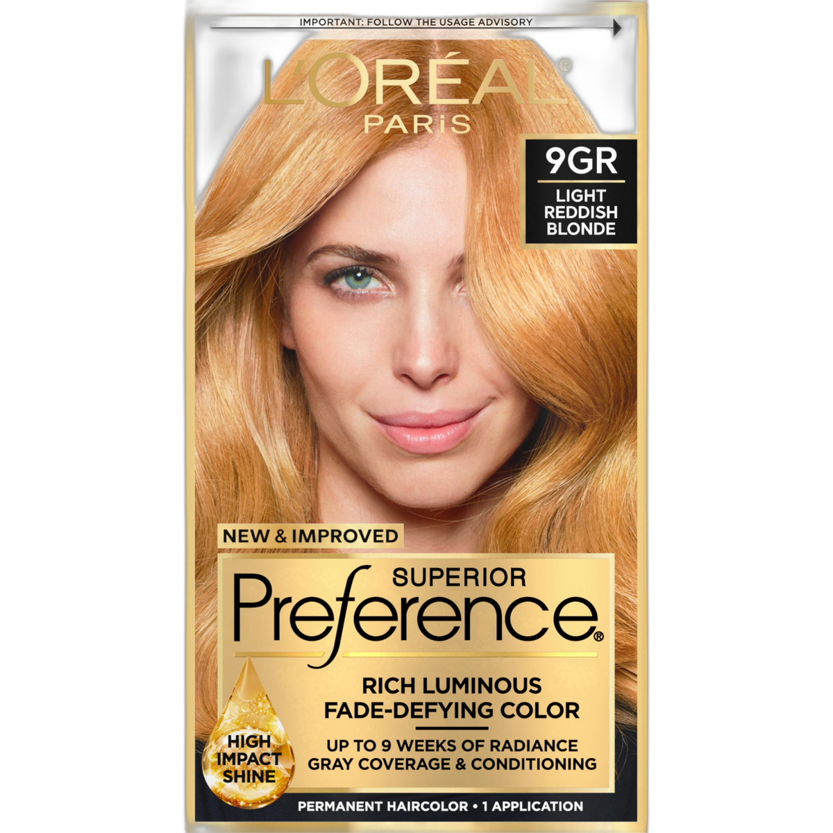 L'Oreal Paris Superior Preference Luminous Fade-Defying Permanent Hair Color, Hair Dye For Up to 9 Weeks of Radiance, Golden Reddish Blonde 9GR, 1 Hair Dye Kit