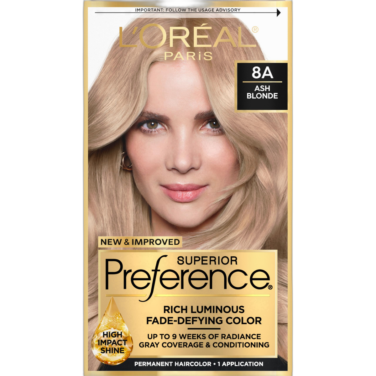 L'Oreal Paris Superior Preference Fade-Defying + Shine Permanent Hair Color, 8A Ash Blonde, Pack of 1, Hair Dye