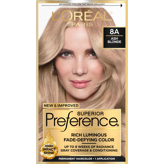 L'Oreal Paris Superior Preference Fade-Defying + Shine Permanent Hair Color, 8A Ash Blonde, Pack of 1, Hair Dye