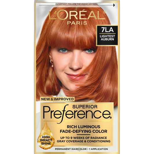 L'Oreal Paris Superior Preference Fade-Defying + Shine Permanent Hair Color, 7LA Lightest Auburn, Pack of 1, Hair Dye