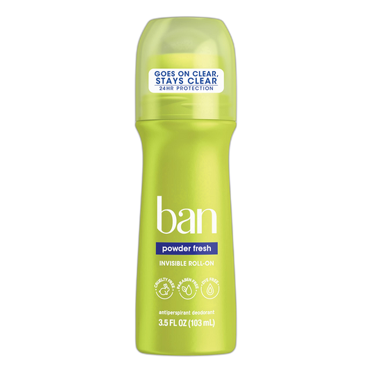 Ban Powder Fresh 24-hour Invisible Antiperspirant, Roll-on Deodorant for Women and Men, Underarm Wetness Protection, with Odor-fighting Ingredients, 3.5oz