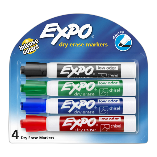 EXPO Low-Odor Dry Erase Markers, Chisel Tip, Assorted Colors, 4-Count