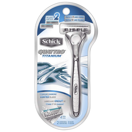 Schick Quattro Razor & Cartridges, Titanium Coated Blades, 1 Razor, 2 Cartridges , Packaging May Vary