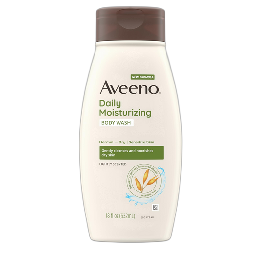 Aveeno Daily Moisturizing Body Wash for Dry & Sensitive Skin + Prebiotic Oat, Oat Body Wash & Gently Cleanses, Nourishes & Feels Hydrating on Dry Skin, Gentle & Light Fragrance, 18 fl oz