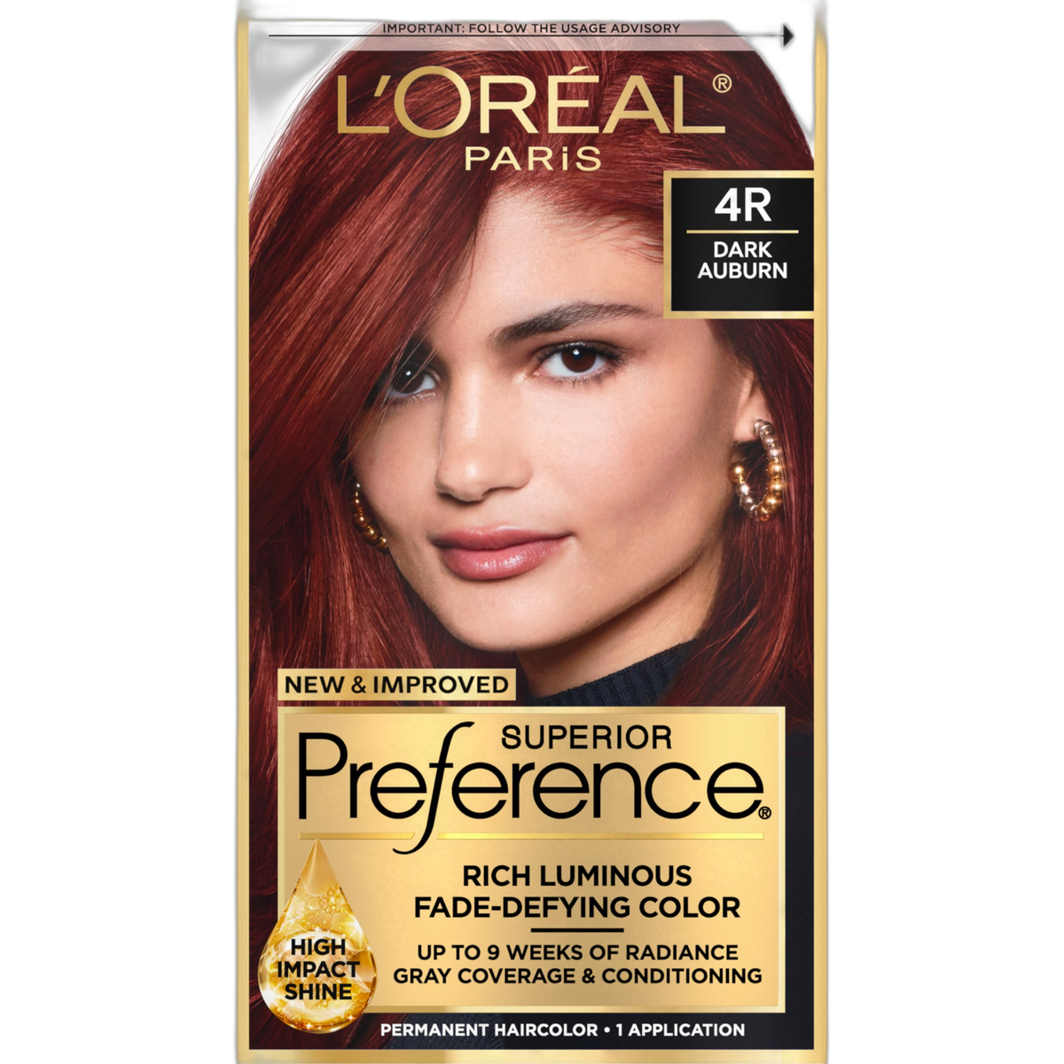 L'Oreal Paris Superior Preference Fade-Defying + Shine Permanent Hair Color, 4R Dark Auburn, Pack of 1, Hair Dye