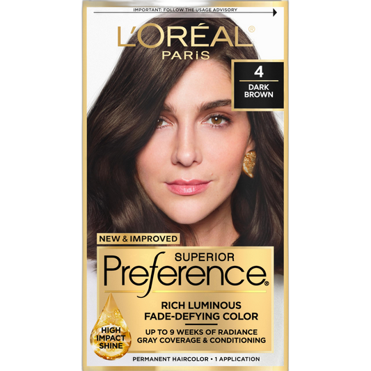 L'Oreal Paris Superior Preference Fade-Defying + Shine Permanent Hair Color, 4 Dark Brown, Pack of 1, Hair Dye