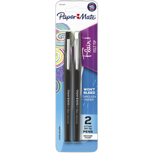 Paper Mate Flair Felt Tip Pens, Medium Point (0.7mm), Black, 2 Count (Pack of 1)