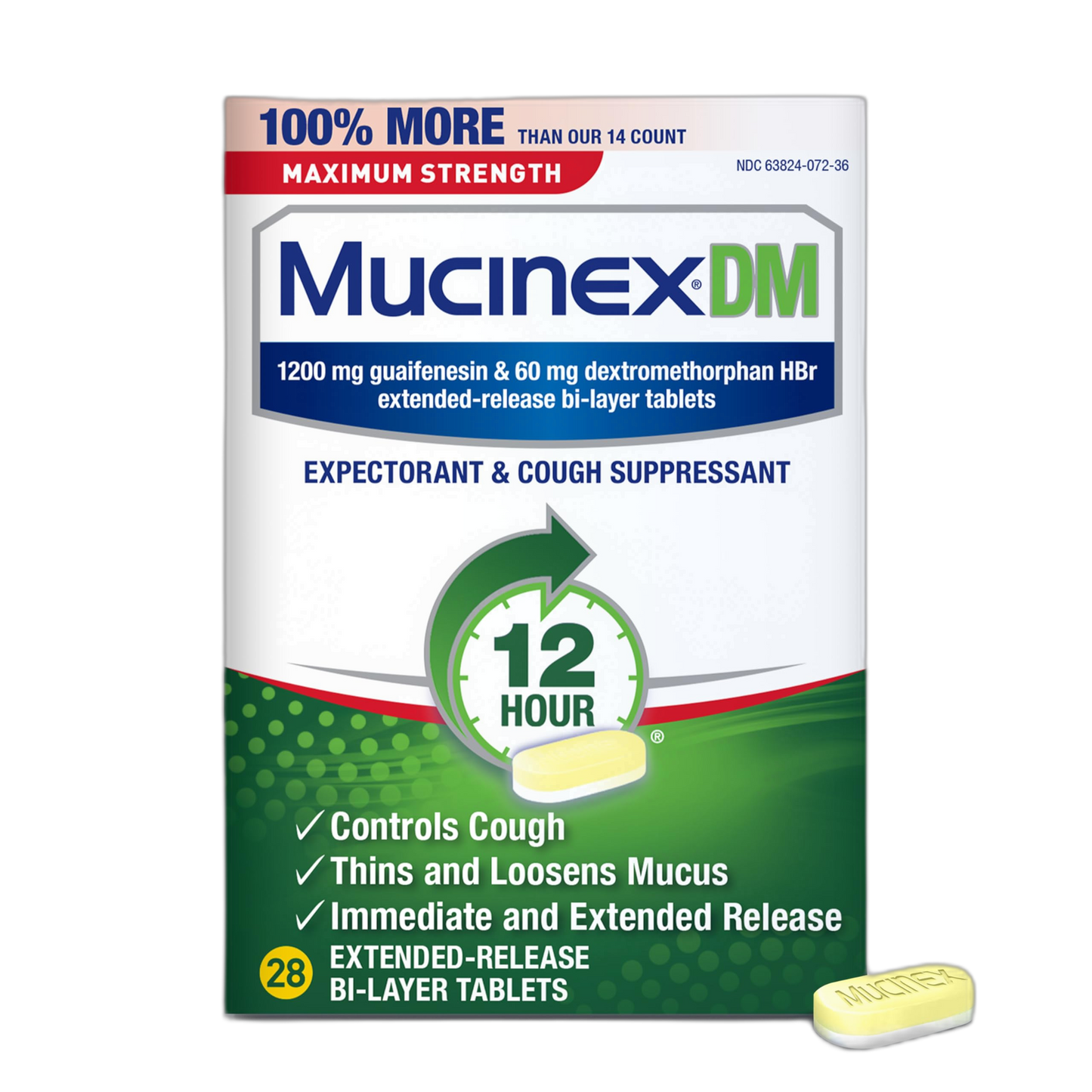 Mucinex Cough Suppressant and Expectorant, DM Maximum Strength 12 Hour Tablets, 28ct, 1200 mg Guaifenesin, Relieves Chest Congestion, Quiets Wet and Dry Cough, #1 Doctor Recommended OTC Expectorant