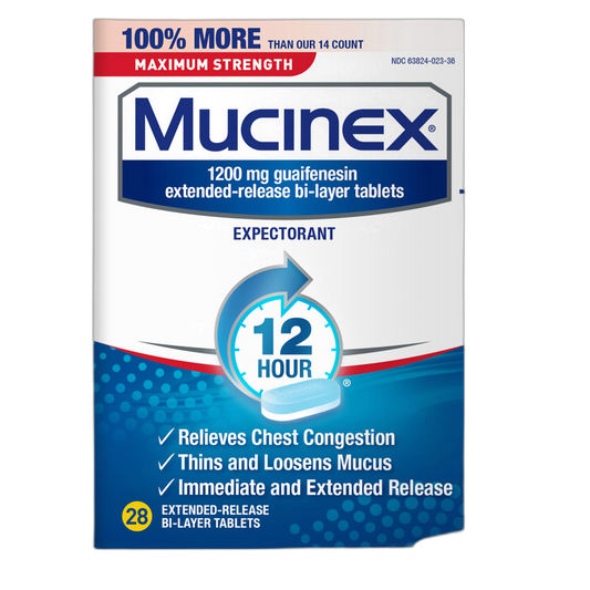 Mucinex Maximum Strength 12 Hour Chest Congestion Expectorant Relief Tablets, 1200 mg, Thins & Loosens Mucus, 28 Count