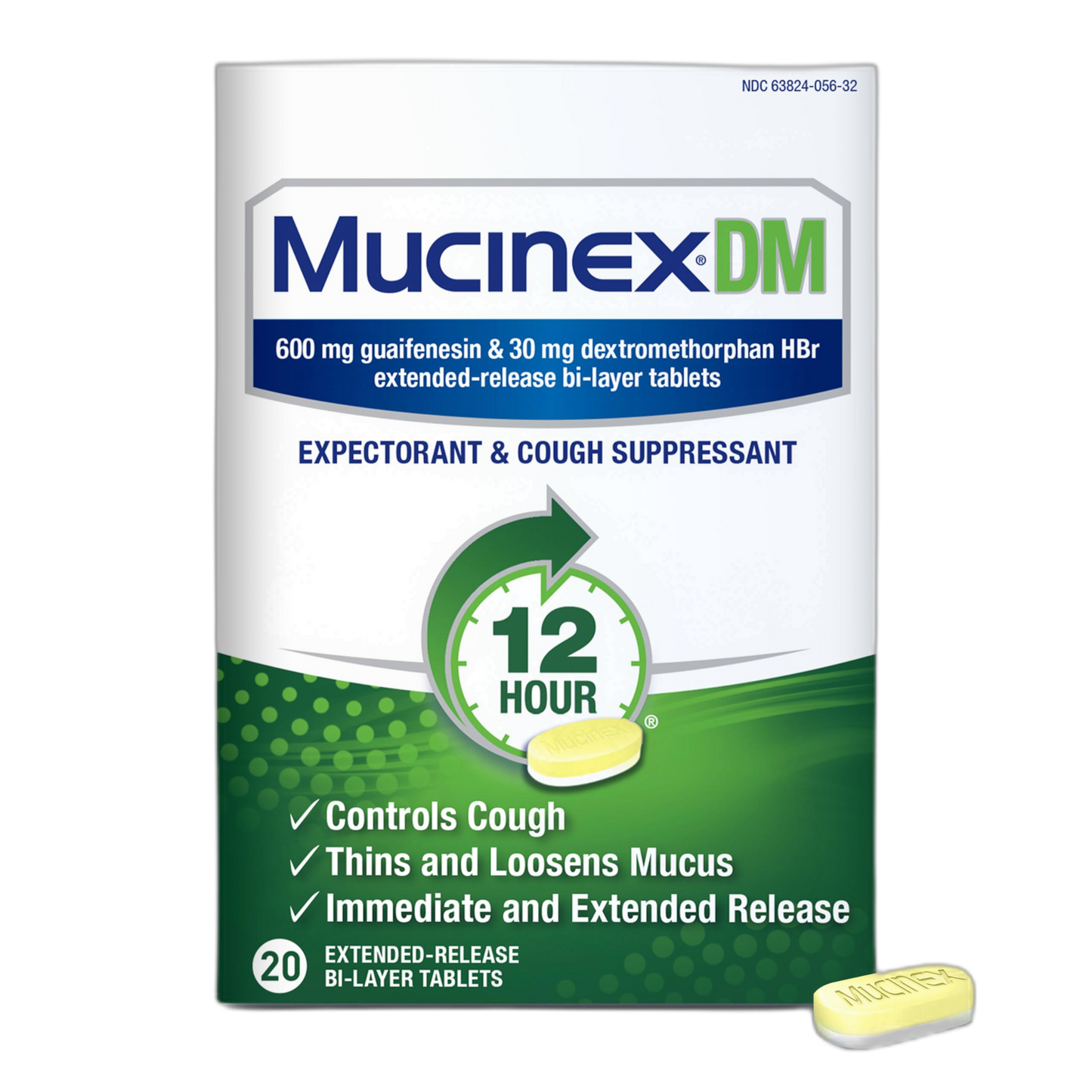 Mucinex DM 12Hr Chest Congestion & Cough Medicine for Adults, Cold and Cough Medicine for Excess Mucus Relief, 600 mg Guaifenesin & 30 mg Dextromethorphan HBr, 20 Bi-Layer Tablets