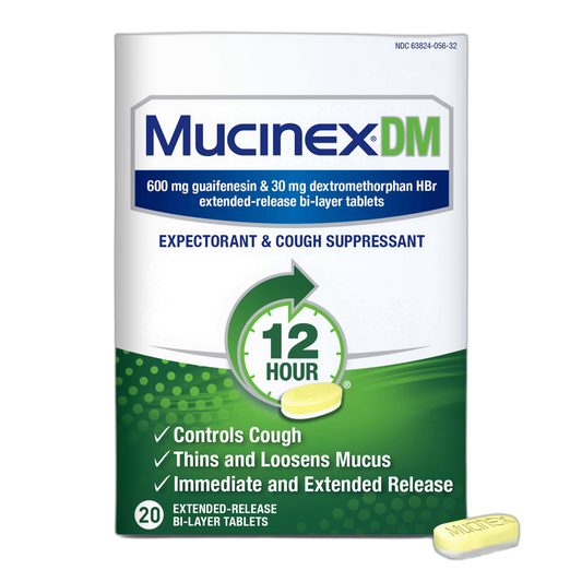Mucinex DM 12Hr Chest Congestion & Cough Medicine for Adults, Cold and Cough Medicine for Excess Mucus Relief, 600 mg Guaifenesin & 30 mg Dextromethorphan HBr, 20 Bi-Layer Tablets