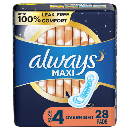 Always Maxi Feminine Pads for Women, Size 4 Overnight Absorbency, Without Wings, Unscented, 28 Count