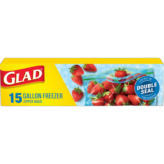 Glad Zipper Freezer Storage Plastic Bags, Gallon, 15 Count (Package May Vary)